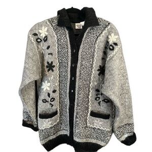 Vintage Huntington Ridge Grey Button-up Black White Embroidered Cardigan Sz L